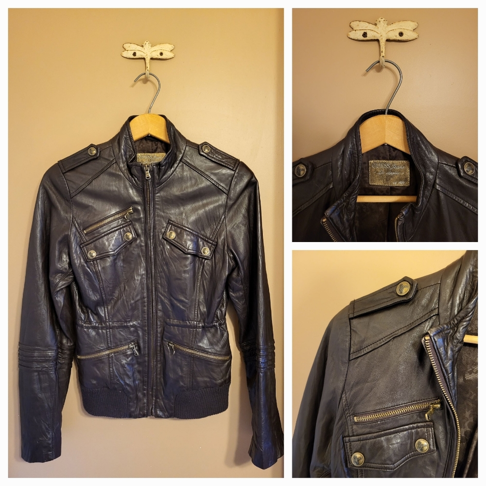 Guess. Brown leather bomber jacket. Wm S.